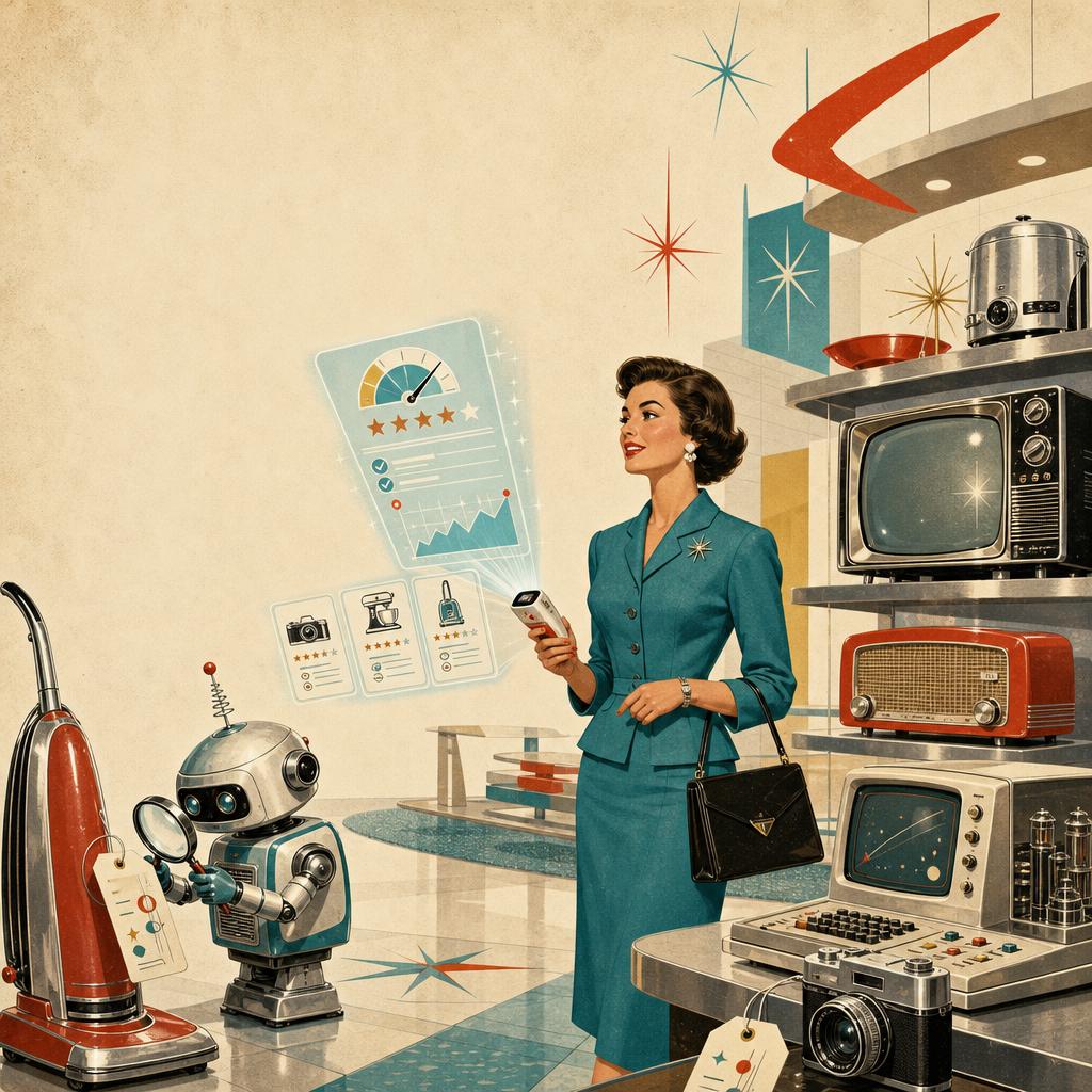 Vintage illustration — a robot shopper reading the GoBuy Dispatch